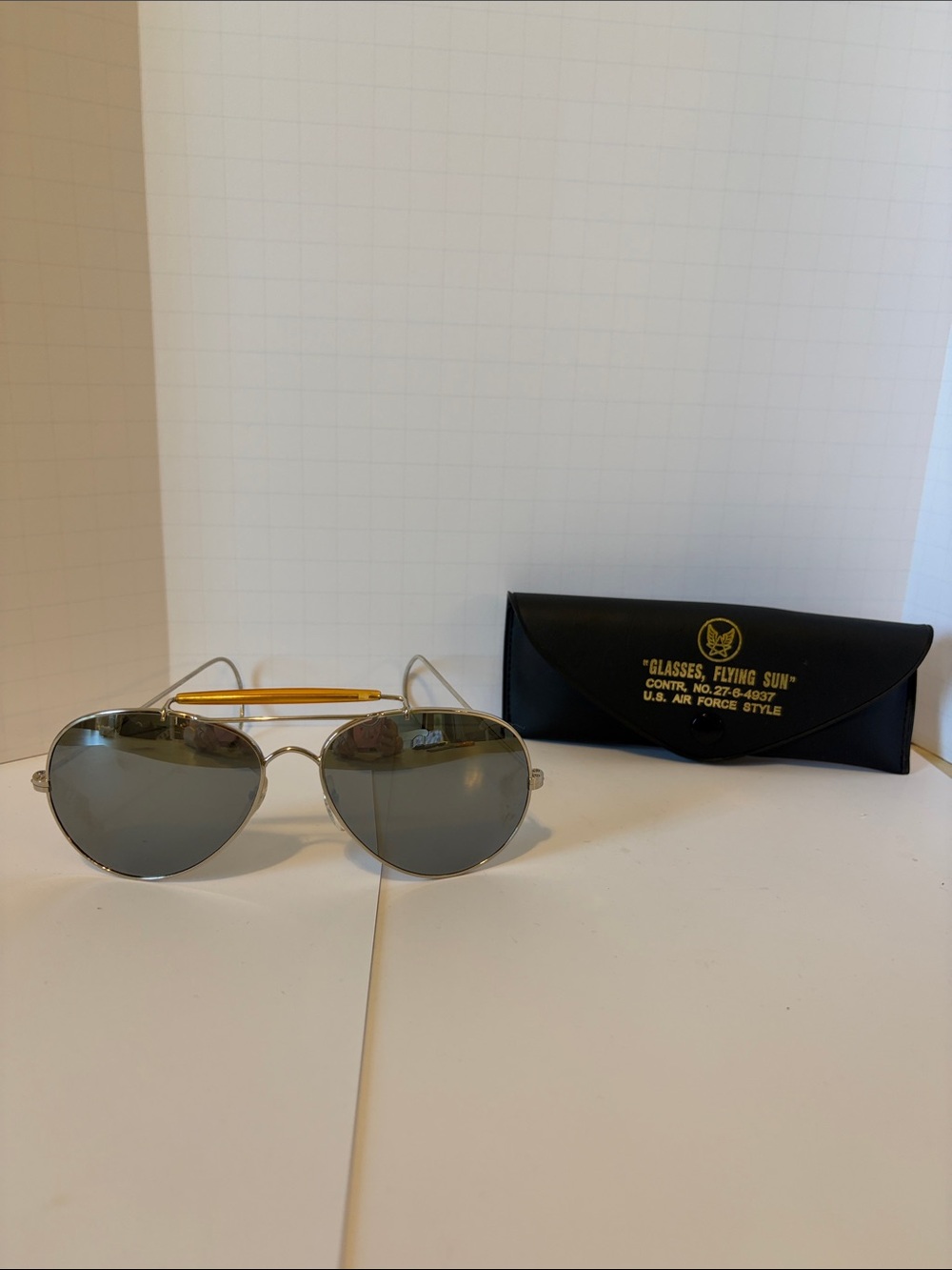 Air Force Style Metal Mirrored Sunglasses with Yellow Brow Bar & Case EUC